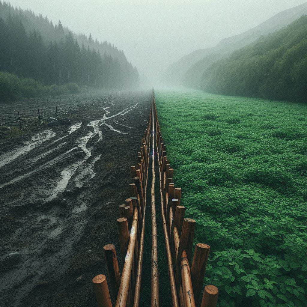 there is a fence and on one side the nature is dull and grey and the other side is green and lush